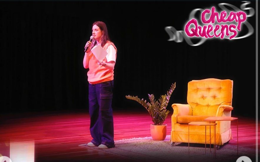 The MC on stage at Cheap Queens Film Festival