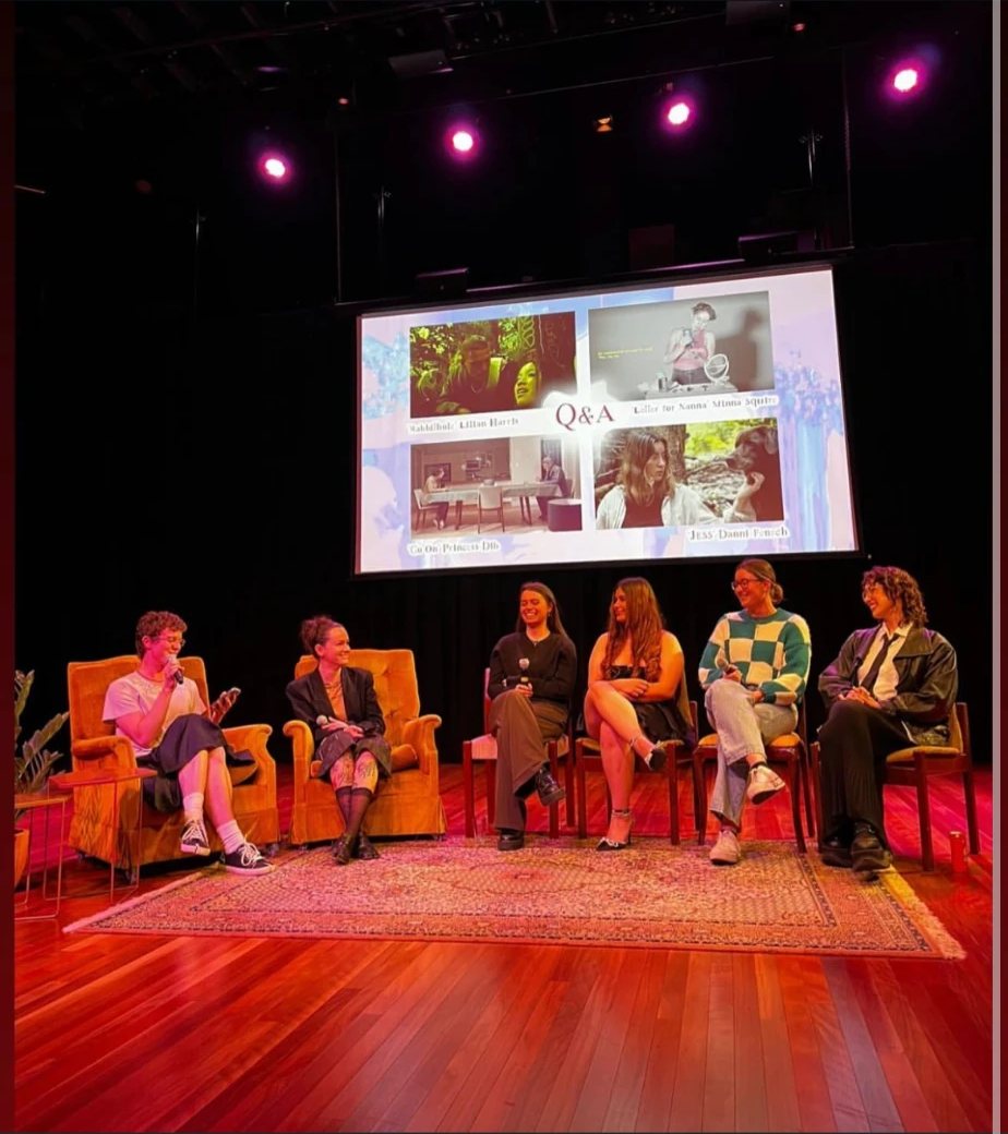 The filmmakers panel at Cheap Queens Film Festival, Q&A screen showing Letter for Nanna
