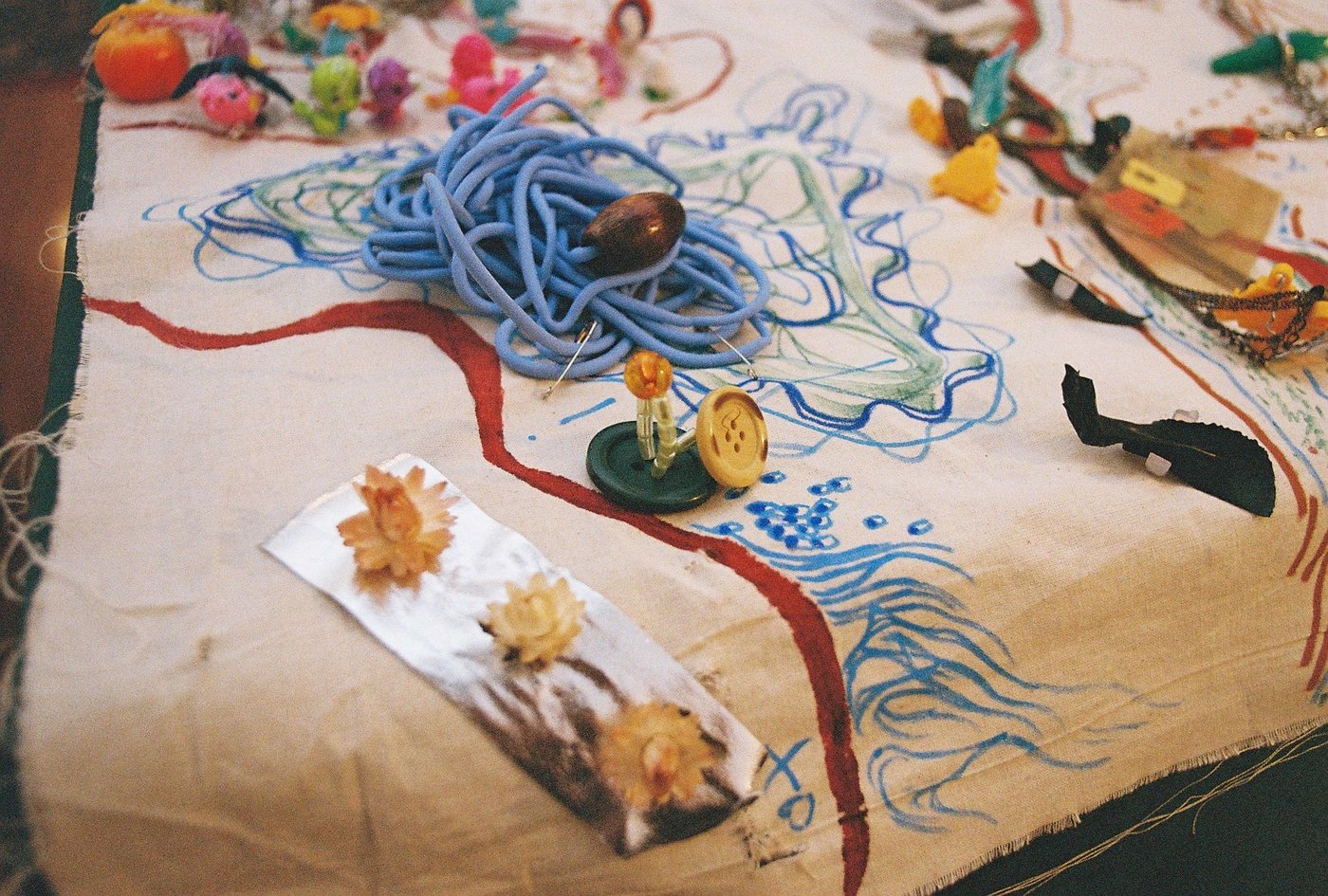 Detail of the map with blue rope, buttons and flowers