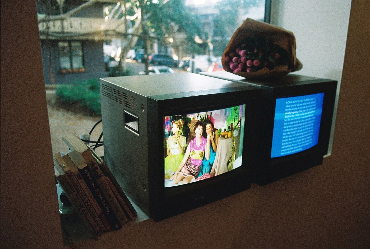 Two CRT monitors in a window with a bunch of flowers